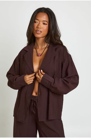 Linen Look Long Sleeve Beach Shirt - chocolate