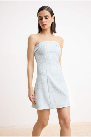 Light Blue Textured Woven Jacquard Short / Mini Unlined Dress