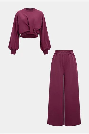 Solid Ruched Long Sleeve Top And Shirred Waistband Wide Leg Pants Set
