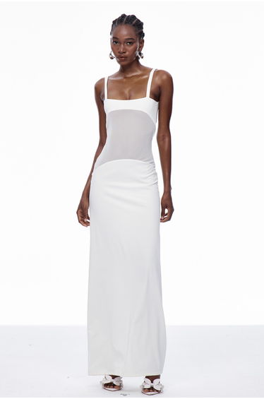 Aram Mesh Spaghetti Sleeveless Maxi Dress In White