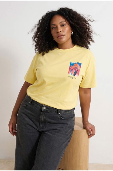 Light Yellow 100% Cotton Oversize/Wide Fit Front and Back Printed Knitted Plus Size T-Shirt