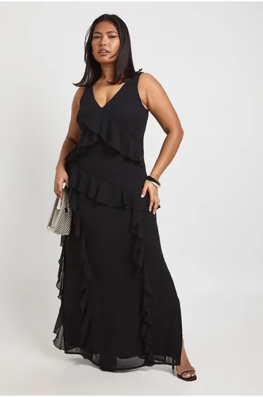 Plus Asymmetric Waist Ruffle Maxi Dress - black