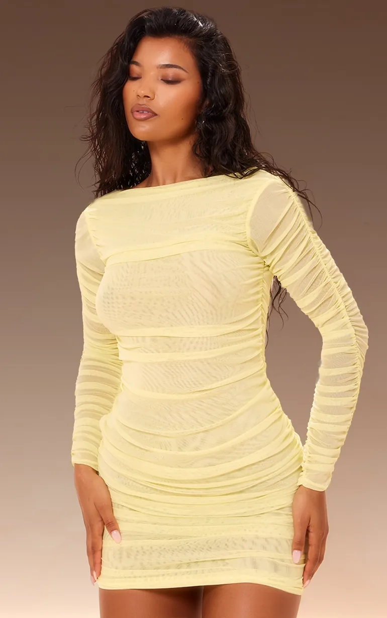 Shop Premium Yellow Double Layer Mesh Ruched Long Sleeve Bodycon Dress Online in Qatar Shop Premium Yellow Double Layer Mesh Ruched Long Sleeve Bodycon Dress Online in Qatar