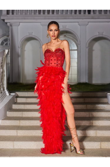 Vieby Strapless Rhinestone Feather Maxi Dress In Red