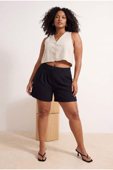 Black Curled Hem Woven Shorts