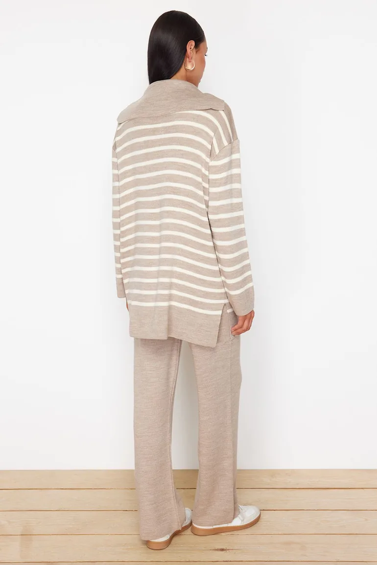 Mink Striped Collar Tie Detailed Sweater-Pants Knitwear Bottom-Top Set - 7