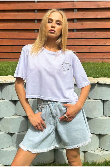 Women's White Crew Neck Heart Stone Crop T-Shirt