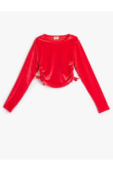 Gathered Long Sleeve Crew Neck Velvet Blouse