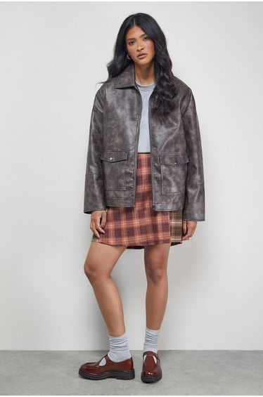 Mixed Check Buckle Side Pleat Awkward Length Skirt