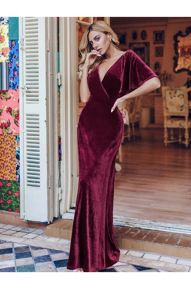ever REINE|Elegant Double V Neck Velvet Evening Dress with Sleeves