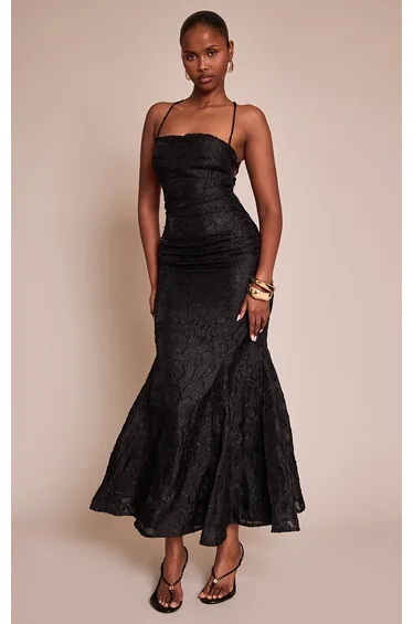 Black Textured Lace Up Back Maxi Dress