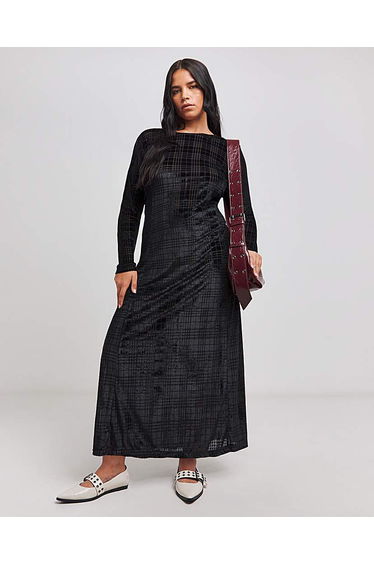 Black Check Velour Maxi Dress