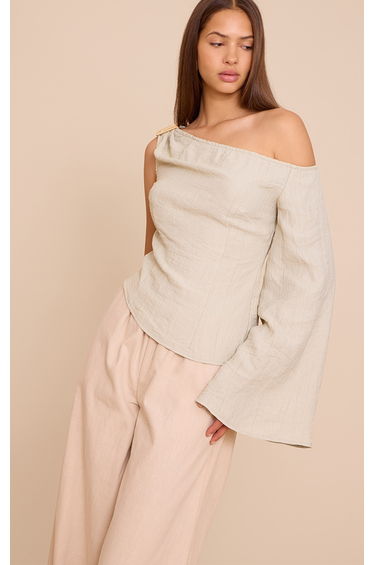 Sage Green Textured Woven Asymmetric Trim Detail Top
