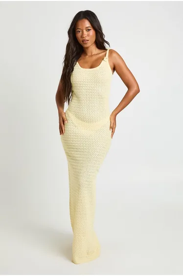 Crochet Floral Corsage Strap Maxi Dress - lemon