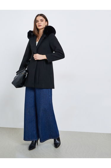 Women Black Longline Wool Like Coat with Faux Fur Hood