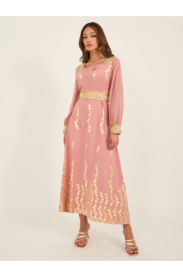 Foil Printed Square Neck Midi Dress with Lace Belt Detail