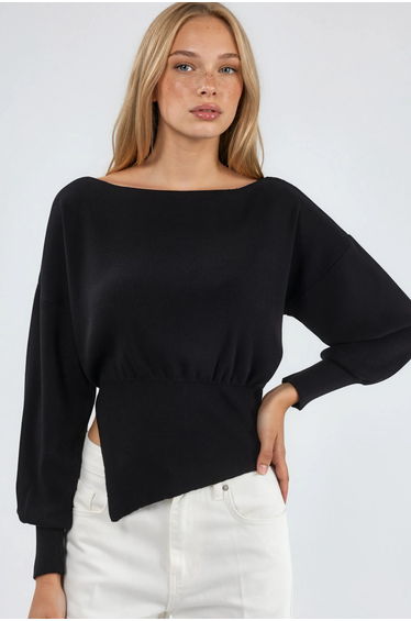 Mercerized Look Boat Neck Knit Sweater with Slit Detail