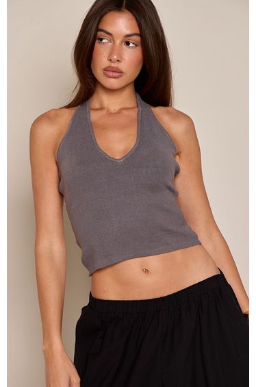 Charcoal Knitted Halterneck T Shirt