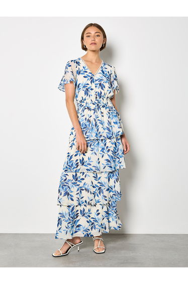 Watercolour Leaves Chiffon Tiered Maxi Dress