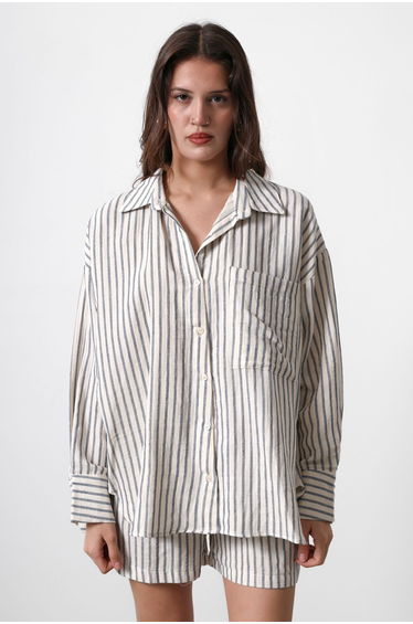 Beige Oversized Striped Low Sleeve Shirt with Pockets