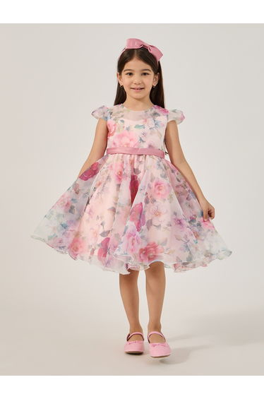 All-Over Print Organza Round Neck Dress with Headband