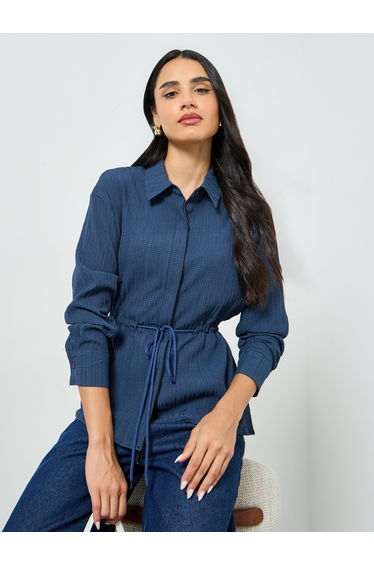 Navy Blue Textured Shirt with Drawstring Waist