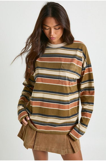 Striped Cotton Long Sleeve Pocket Detail Top - khaki
