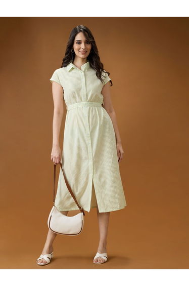 Green Collared Neck Striped Midi Shirt Dress