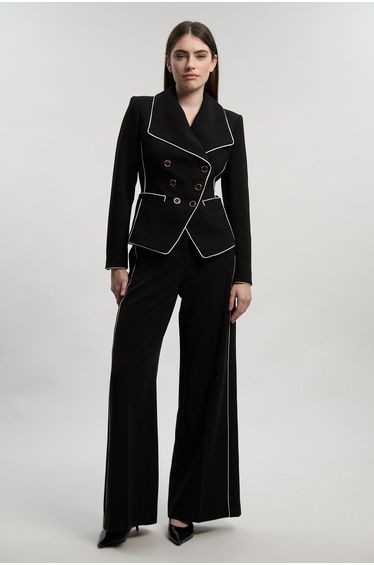 Compact Stretch Contrast Tipped Wide Leg Tailored Trouser