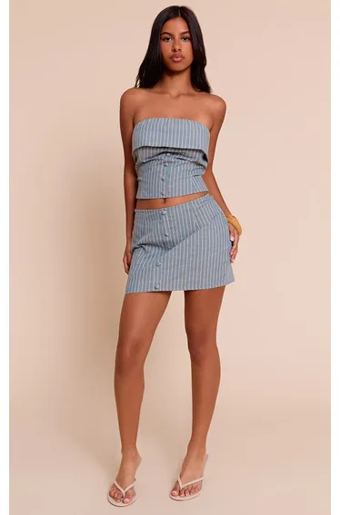 Petite Blue Pinstripe Button Up Mini Skirt