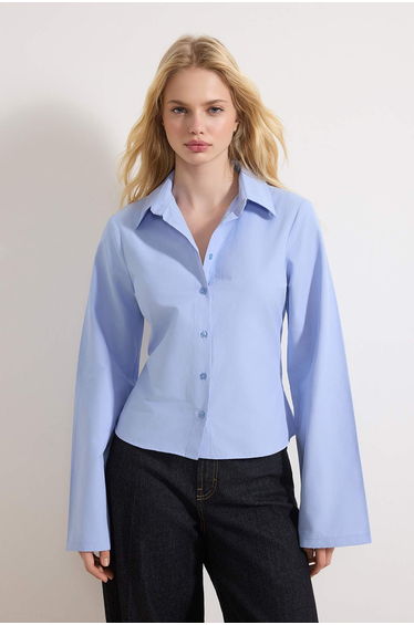 Light Blue Corset Detailed Fitted Waist Shirt