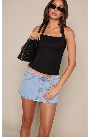 Black Soft Rib Halterneck Detail Vest Top