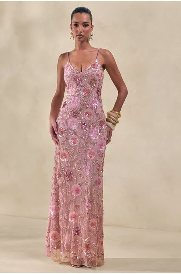 Gemini | Pink Embellished Strappy Maxi Dress