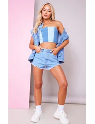 Light Blue Wash Contrast Panelled Denim Bandeau Top - 2