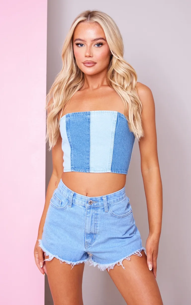 Light Blue Wash Contrast Panelled Denim Bandeau Top
