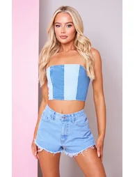 Light Blue Wash Contrast Panelled Denim Bandeau Top