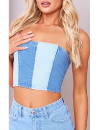 Light Blue Wash Contrast Panelled Denim Bandeau Top - 3