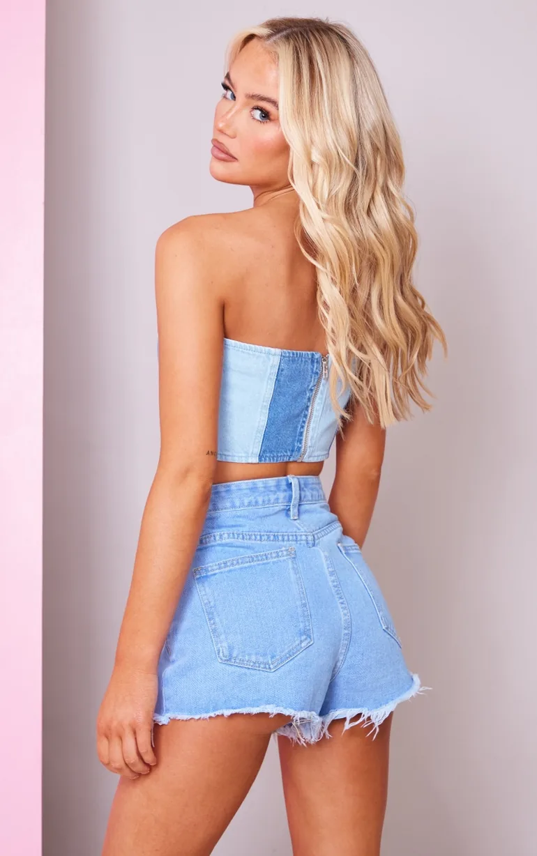 Light Blue Wash Contrast Panelled Denim Bandeau Top - 1