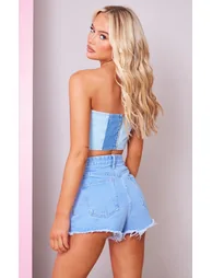 Light Blue Wash Contrast Panelled Denim Bandeau Top - 1