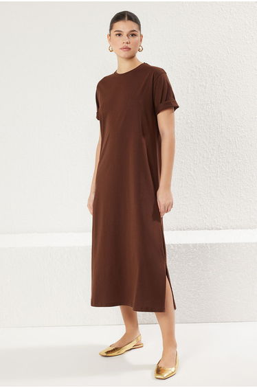 Dark Brown 100% Jersey Crew Neck Short Sleeve Midi Knitted T-shirt Dress