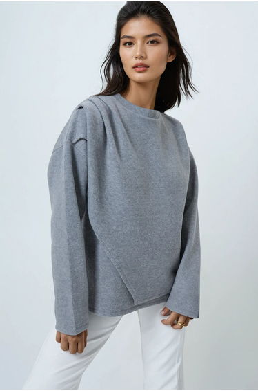 Women's grey crew neck wrap cut knit blouse