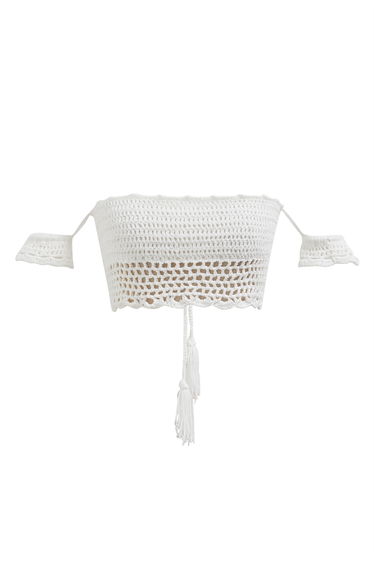 Off-Shoulder Crochet Lace-Up Crop Top