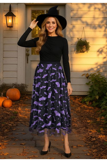Velvet Bats Mesh Tulle Midi Skirt in Black Halloween Costumes