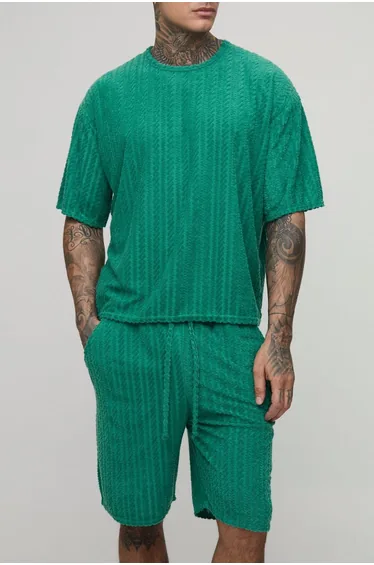 Tall Oversized Towelling Jacquard T-Shirt & Short Set - green