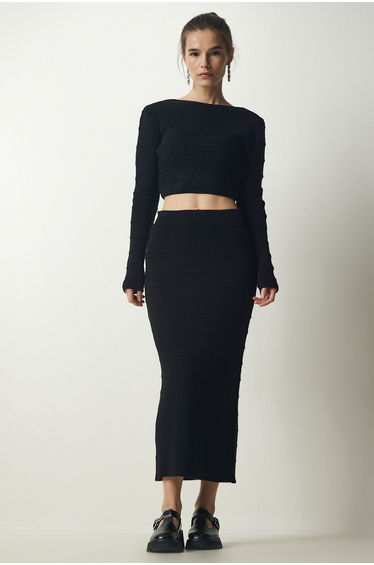 Women's Black Ribbed Crop Knitwear Sweater Skirt Suit