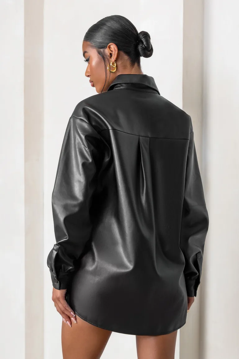 For Keeps | Black Faux Leather Oversized Utility Shirt - 1