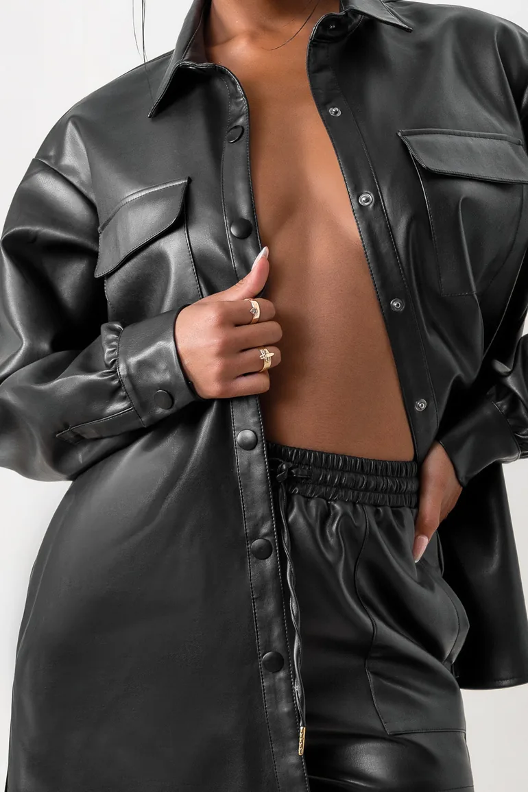 For Keeps | Black Faux Leather Oversized Utility Shirt - 3