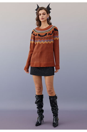 Spooky Bats Ribbed Knit Sweater in Pumpkin