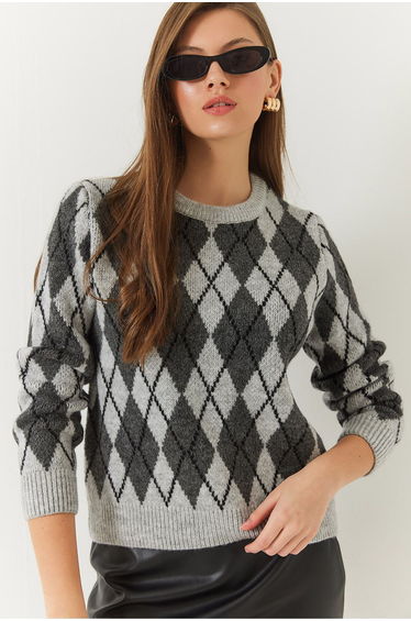 LUCCI Baklava Pattern Crew Neck Knitted Sweater