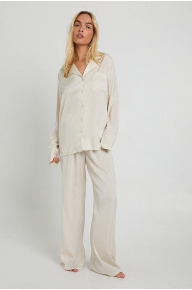 Oversized Satin Long Sleeve Shirt & Trousers Pyjama Set - cream